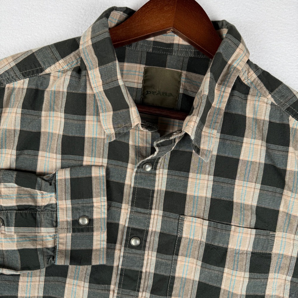 PrAna Western Shirt Mens Medium Plaid Pearl Snap Long Sleeve Organic Cotton